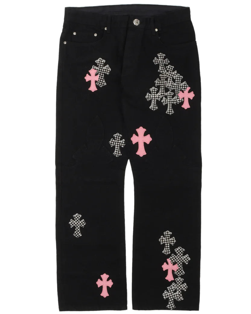 Chrome Hearts Checkered Cross Patch Fleur-Knee Jeans w/ 35 Cross Patches