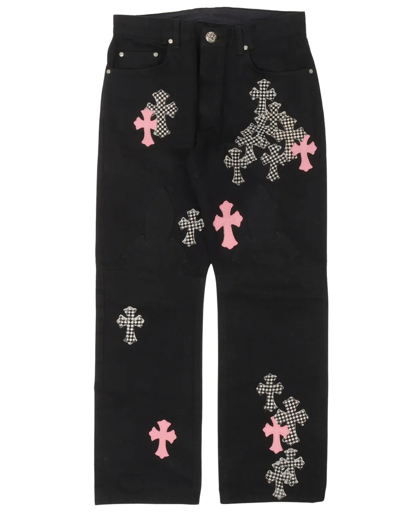 Chrome Hearts Checkered Cross Fleur Knee Jeans