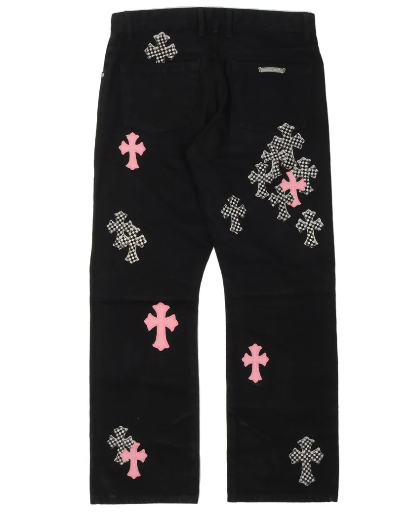 Chrome Hearts Checkered Cross Patch Fleur-Knee Jeans w/ 35 Cross Patches